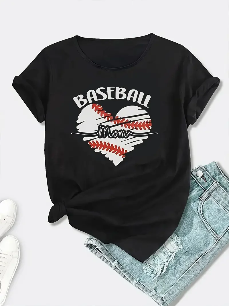 

Baseball Love Mom Printed Short Sleeved Casual Women's Fashion Women's Pattern T-shirt Women's Printed Summer T-shirt