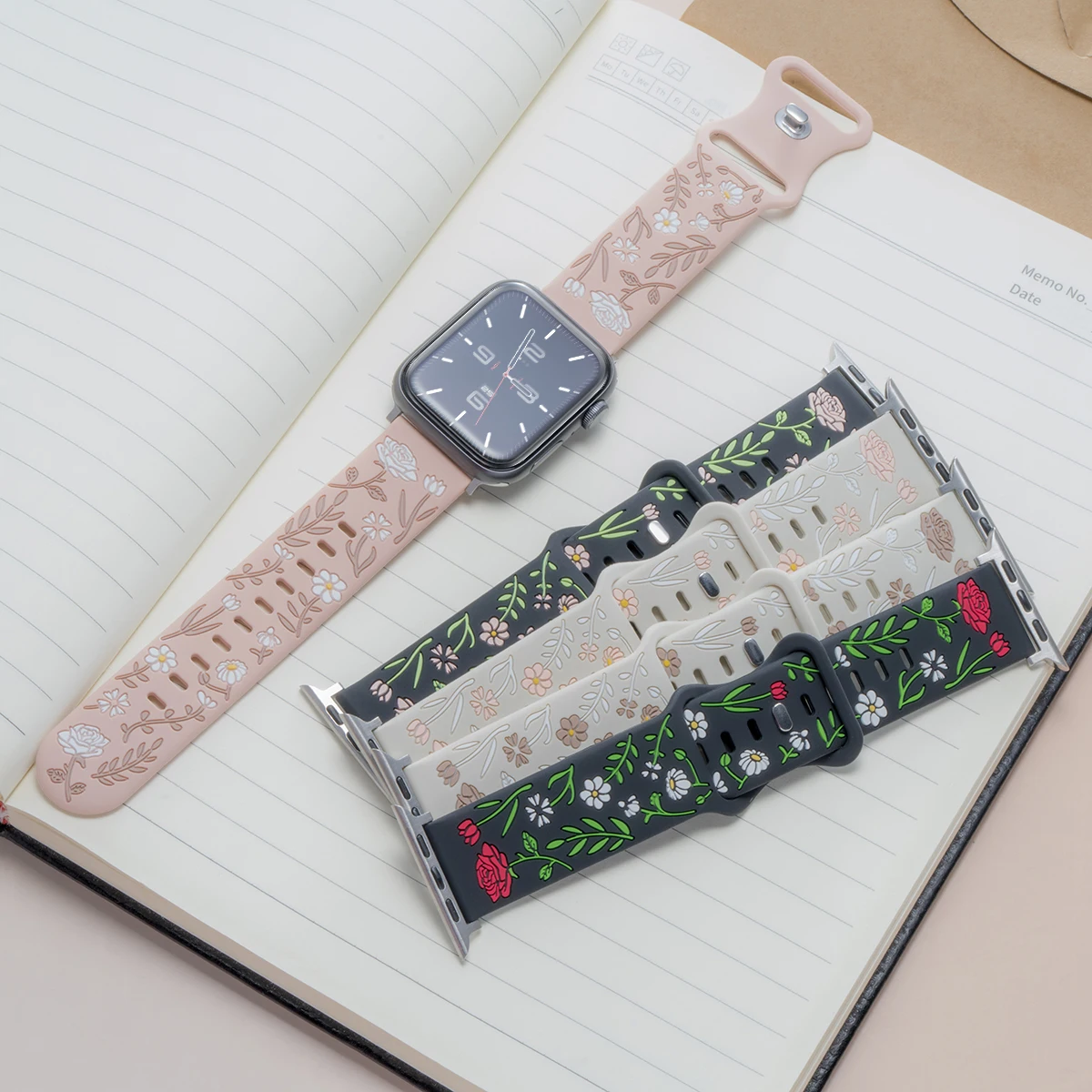 Ремешки с цветочной гравировкой для Apple Watch, ремешок 44 мм, 42 мм, 41 мм, 40 мм, 45 мм, 49 мм, 46 мм, браслет correa iwatch series 10 9 7 SE 6 8 Ultra