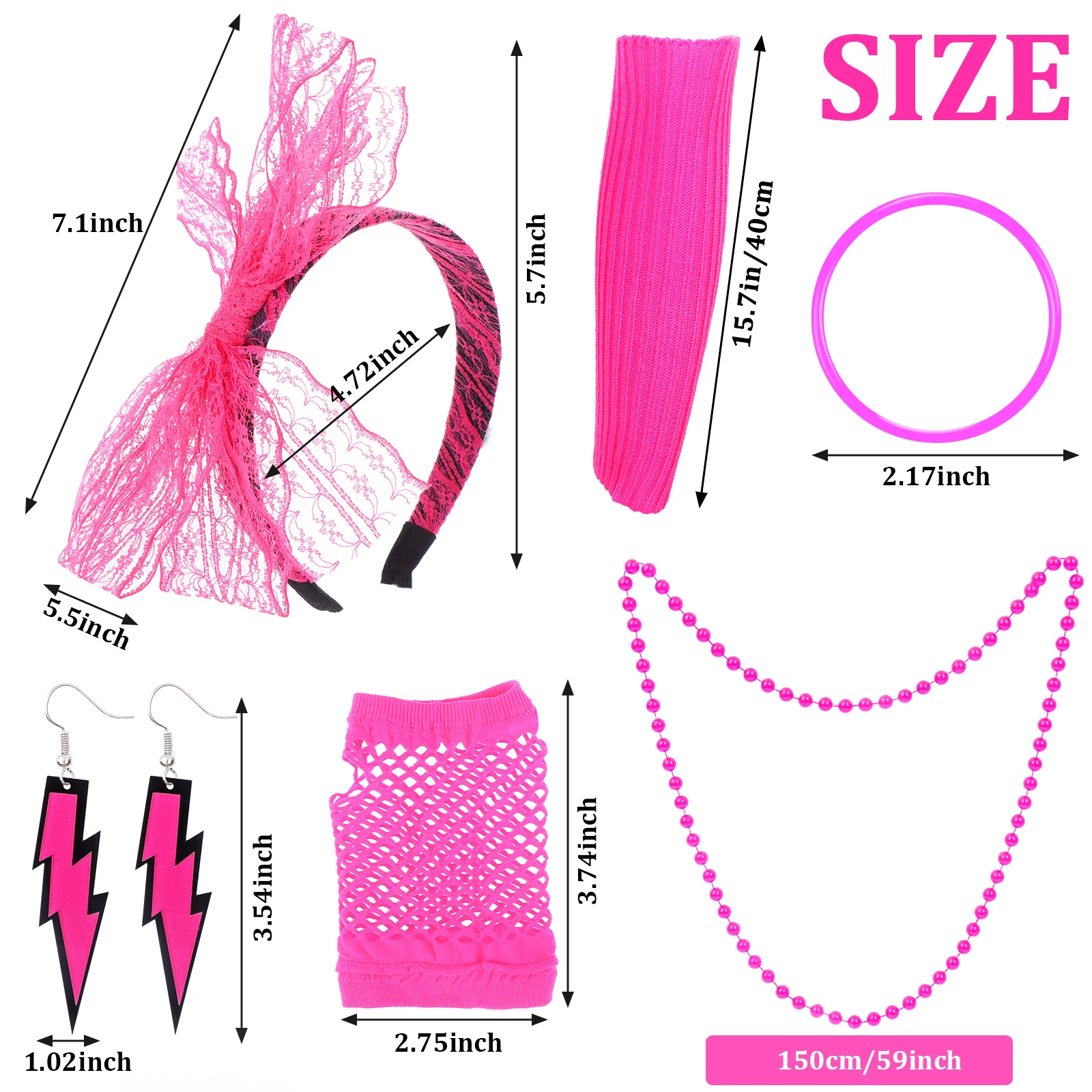 80s Fancy Dress Accessories Retro Women Party Costume Set Adult Tutu Skirt Neon Fishnet Gloves Beaded Necklace Bracelet Earrings