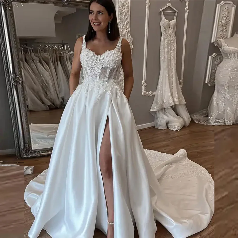 Customized Spaghetti Straps Satin Wedding Dresses For Women V-Neck Appliques Slit Backless Sleeveless Bridal vestidos de novia