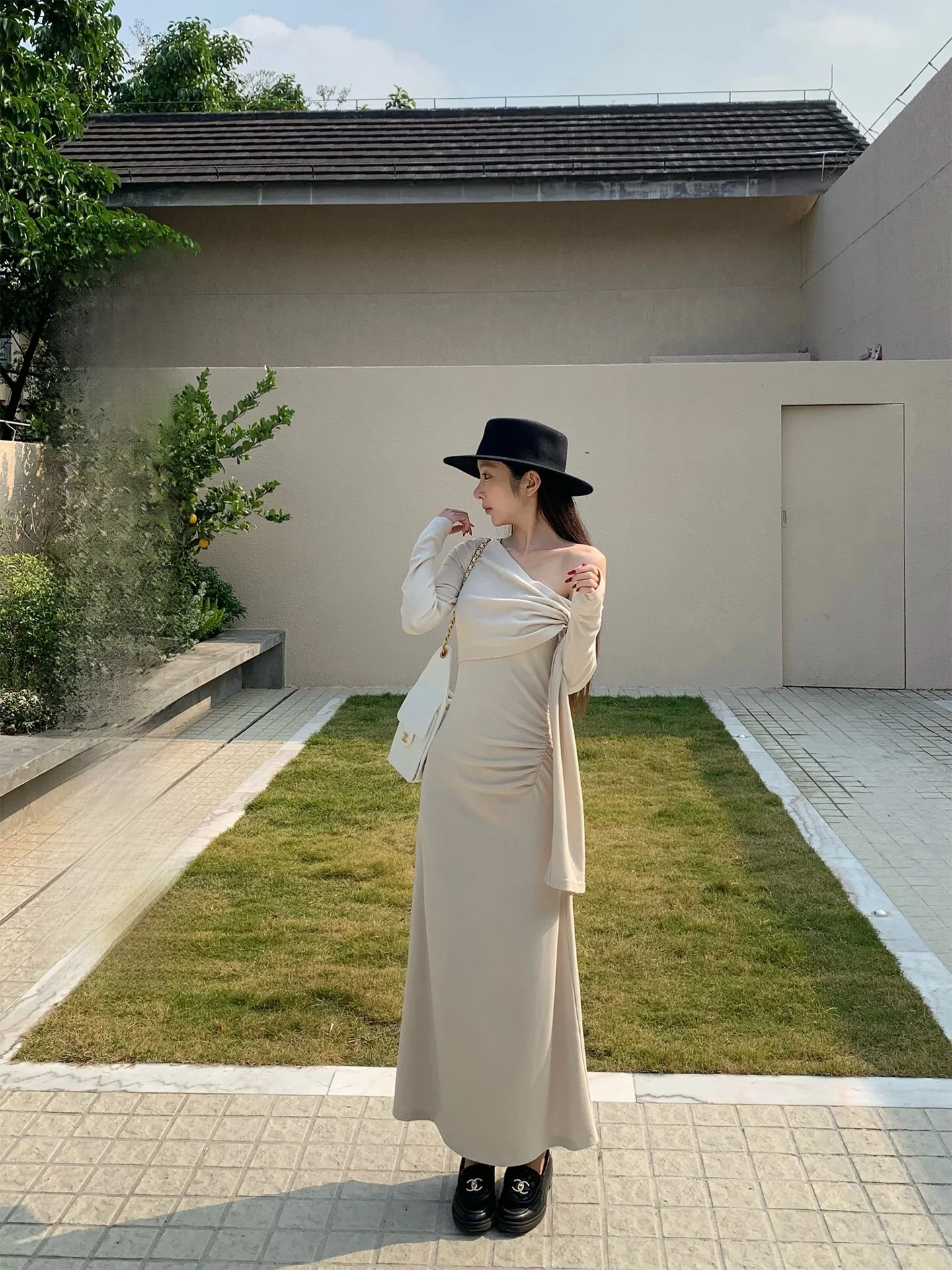 

Venus Sle Asymmetrical oulder Knitted Dr Women's Ele Pleated Slimming Long Dr Casual Wear Suitable for Various ...