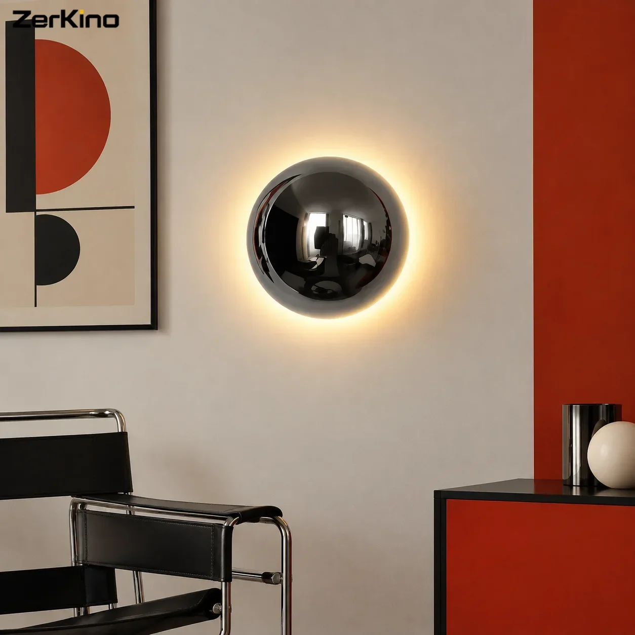 Modern Bauhaus Minimalist Plated Silver Electroplated Round Wall Lamp,LED Atmosphere Corridor Stairs Lunar Eclipse Bedside Lamp