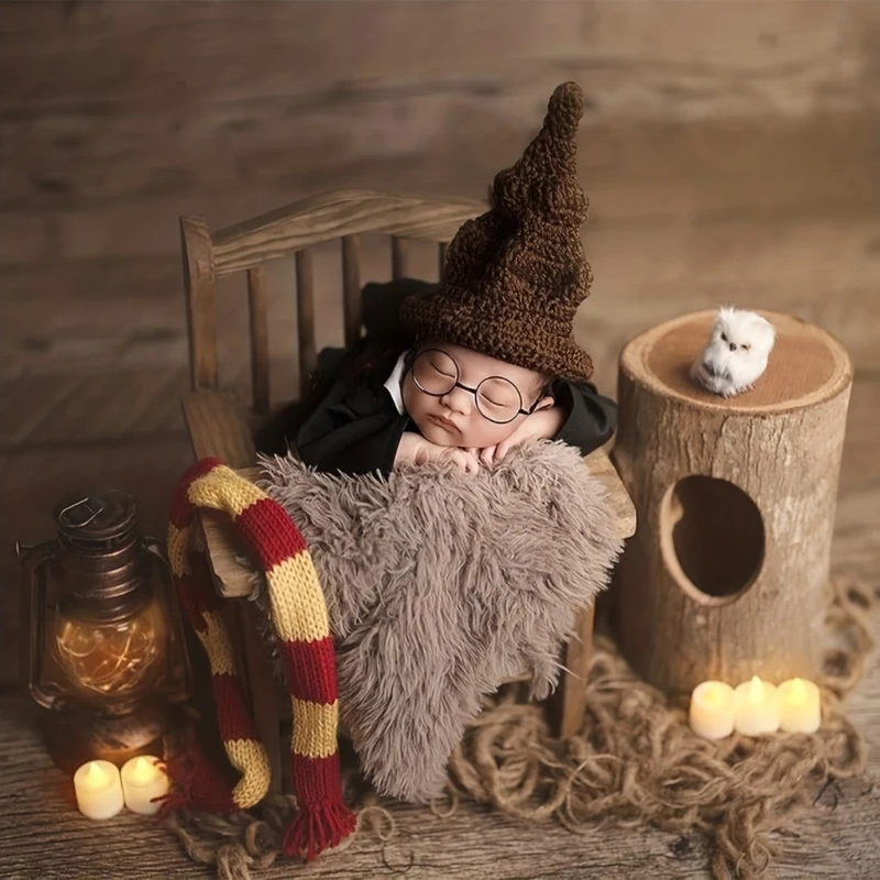 Baby Photo Costume Wizard Hat Glasses Scarf Newborn Photo Props Photoshoot Clothing Infant Skin-Friendly Photo Outfit