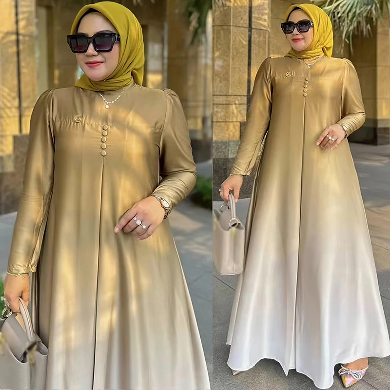 

Women Long Dress 2024 Summer Casual Solid Color Satin Elegant Maxi Sundress Long Sleeve African Dress Buttons Party Vestidos