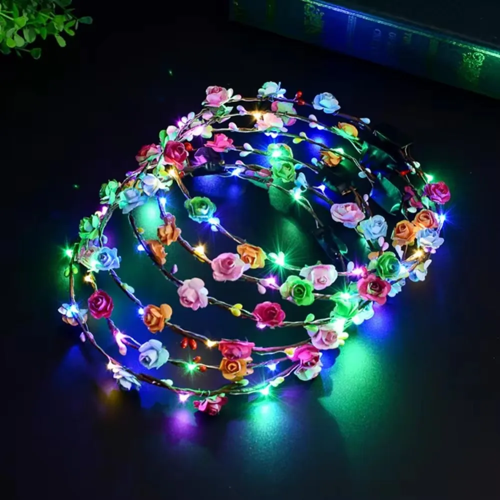 10Pcs LED Flower Crown Headband Light Up Flower Headbands for Women Garlands Glowing Floral Wreath Crowns for Wedding Party