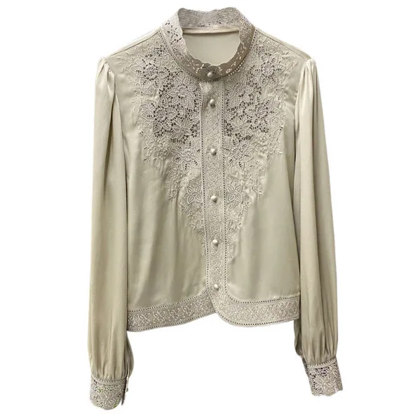 Women\'s Embroidered Silk Shirt Long Sleeve Blouse Camisas Mujer