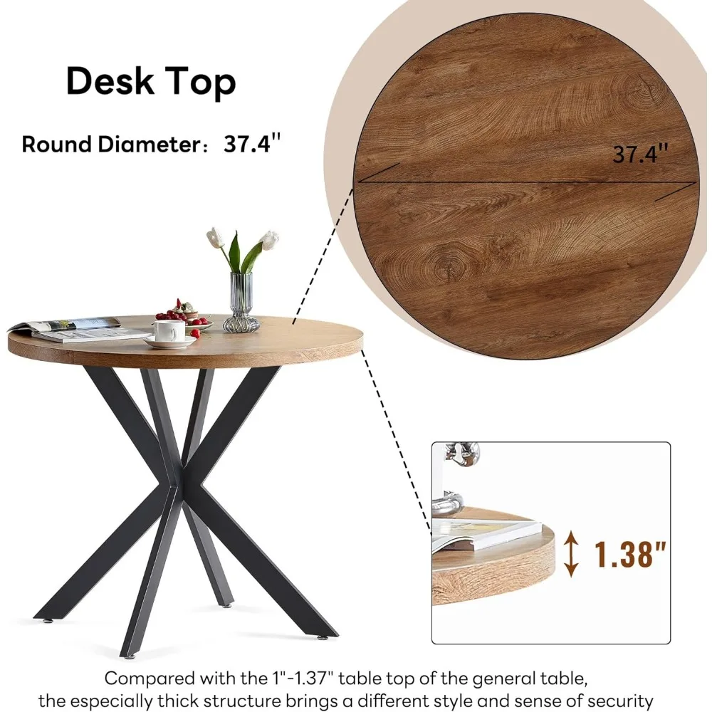 Round Dining Table Set for 4, Natural Wood Grain Dining Table MDF Easy Clean with Durable Metal Legs