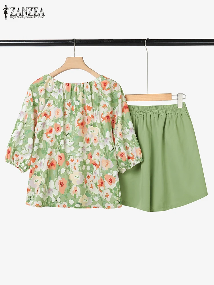Set Pendek 2 Potong Wanita ZANZEA Blus Bunga Kerah O Lengan Setengah dan Celana Pendek Pinggang Elastis Warna Polos Pakaian Musim Panas Kasual