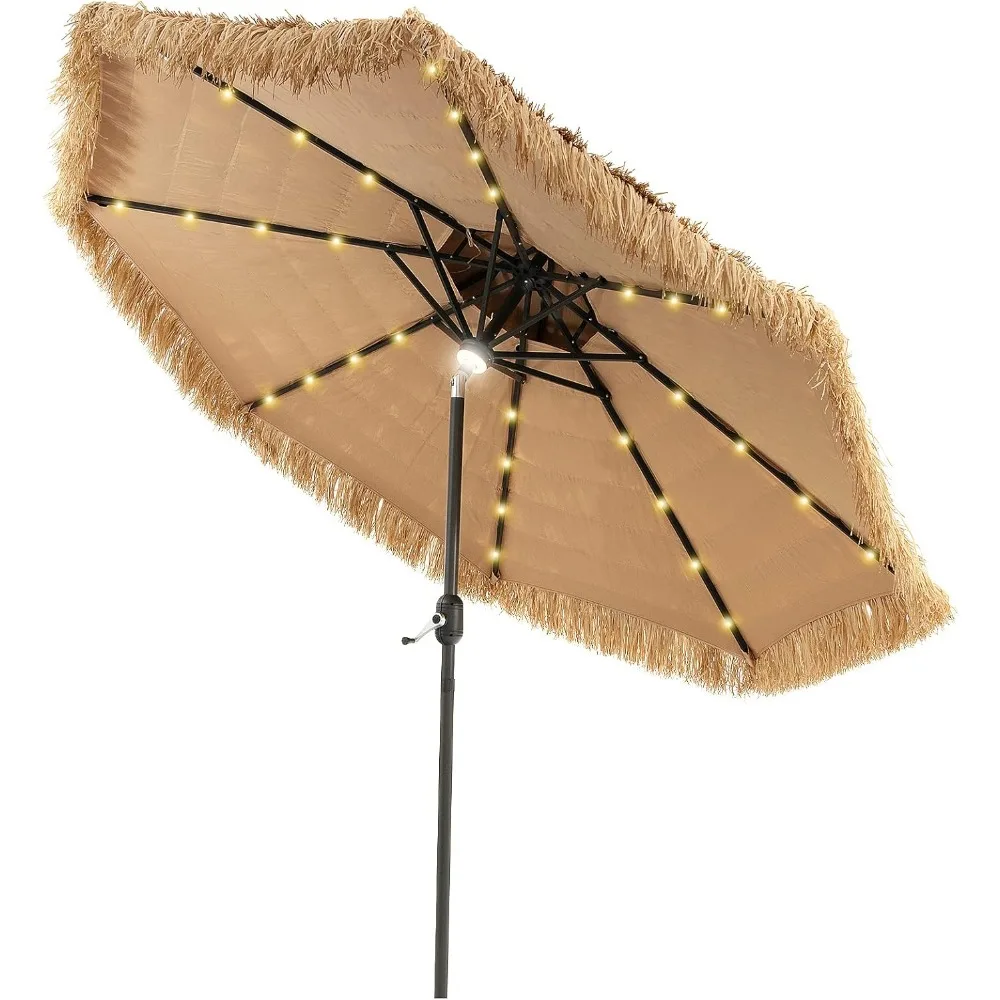 9 ft Thatched Patio Umbrella, 2 Tier Hawaiian Style Grass Beach Umbrella with 32 Led Lights, Center Light, Solar Tiki U