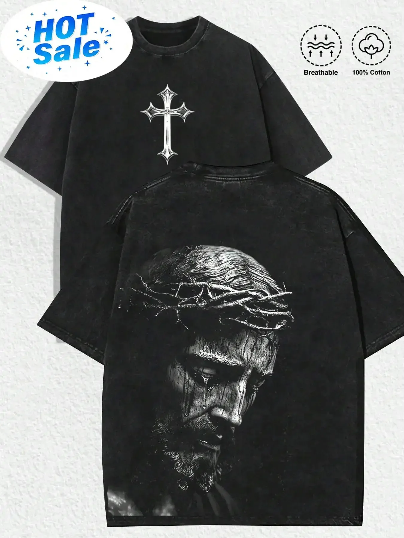 1 PCS 100% Cotton Vintage Washed Black Tee With Front Intricate Cross & Back Realistic Jesus In Crown Of Thorns Graphic, Breatha