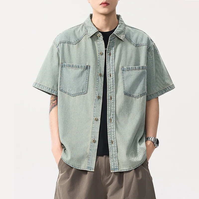 Men Summer Lightweight Thin Fashion Loose Casual Plus Size Vintage Washed Denim Short Sleeve Jeans Cargo Shirts Cityboy Blouses