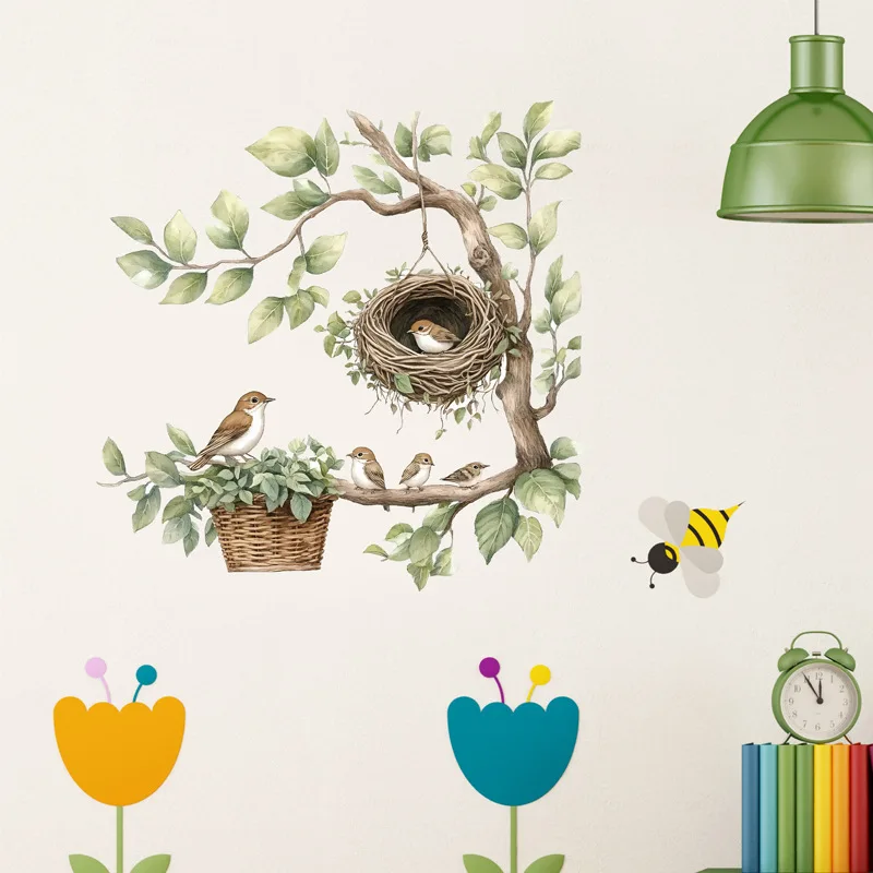 Decals Birds on Branch Nest Watercolor Style Peel and Stick Stickers for Bedroom Living Room Office Wall Art Home Decoration