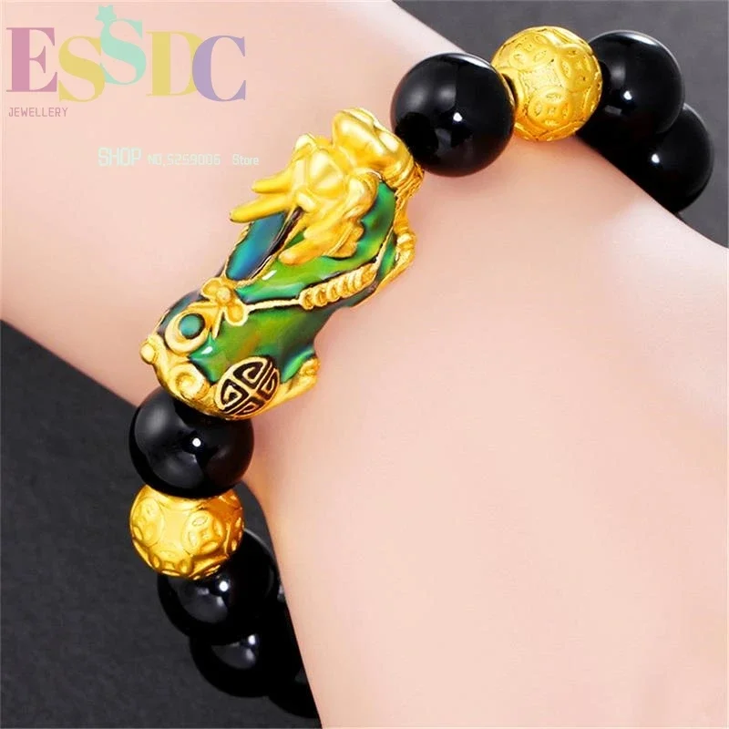 

12mm Natural Energy Black Onyx Hand Fancy Thermochromic Pixiu Charm Bracelets DIY Beads Women or Men's Jewelry