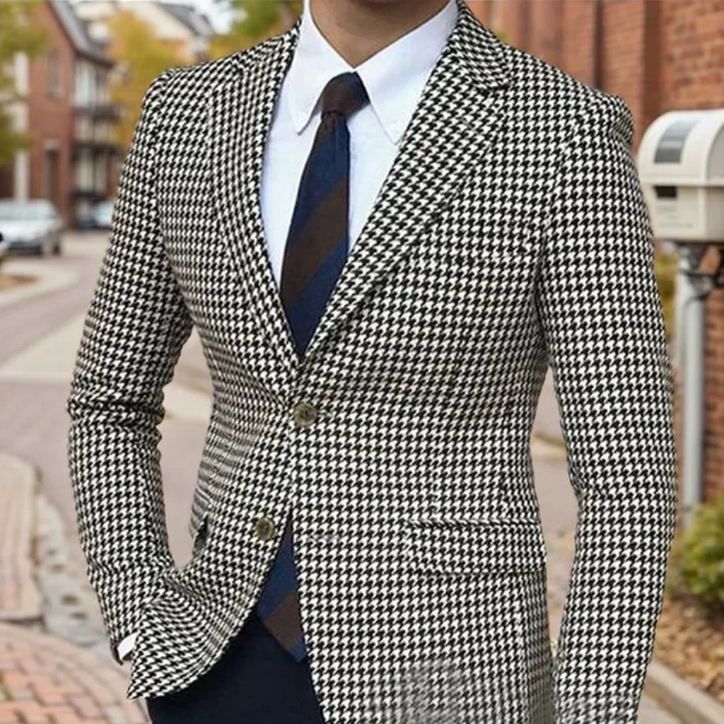 Houndstooth Suits for Men Notched Lapel 2 Pieces Set or Single Blazer Tweed Suit Tuxedo Set for Wedding Business Men\'s Suits