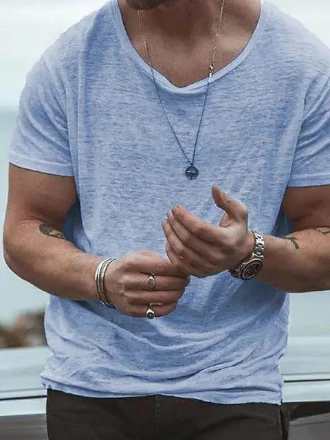 Men's Short Sleeve T-Shirt Standard Fit Bright Thread Flocking Citywalk Suitable Cleanfit Overhead Pure Color Non-fading