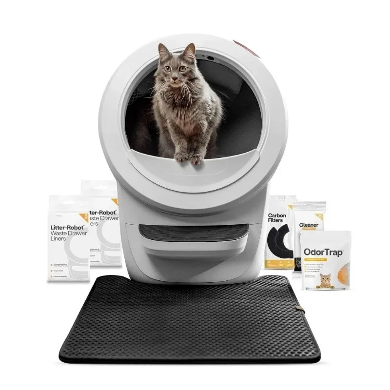 Self-Cleaning Automatic Cat Litter Box Bundle White, Includes Ramp Mat
