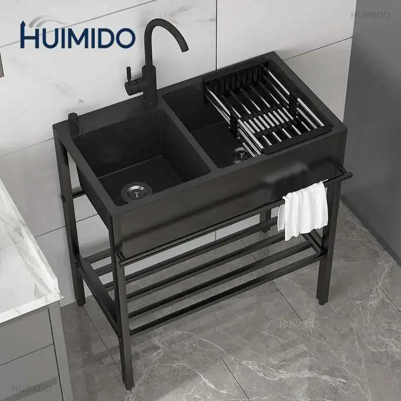 Bracket Integrated Vegetable Basin with Stainless Steel Kitchen Sinks Large Dishwashing Basin Floor-standing Balcony Double Sink