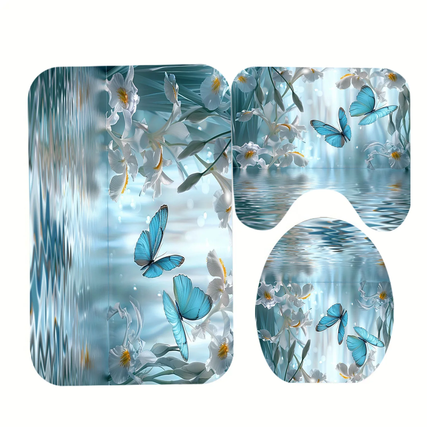 

3 шт., туалетный набор с цифровым принтом бабочки, полиэстеровая крышка для унитаза для ванной комнаты, нескользящий коврик для ванной, U-образный коврик, накладка на крышку, декор для ванной комнаты