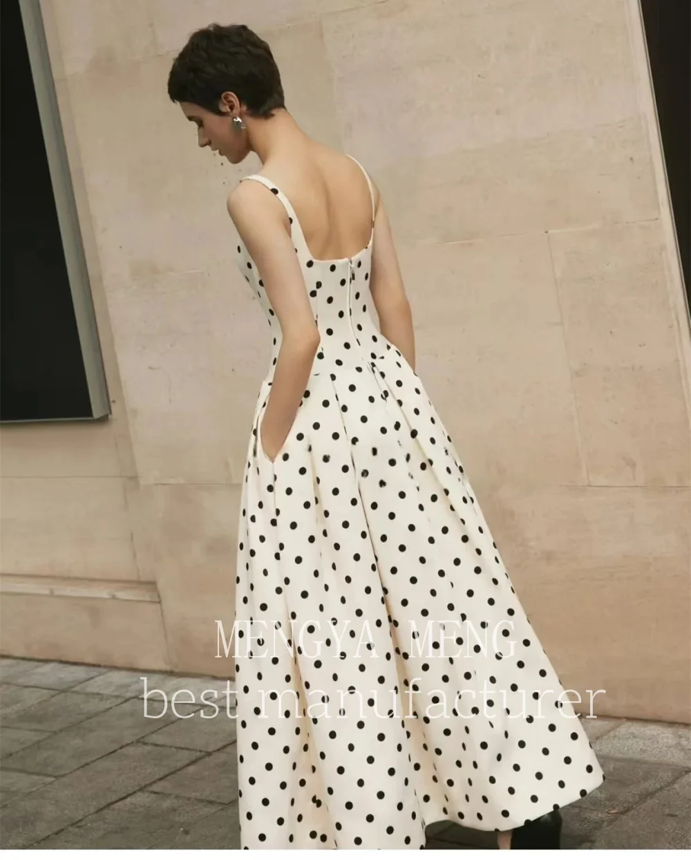 ZHUISHU 2025 Vintage Black White Polka Dot Strapless Square Neck Satin A-line Maxi Dress Fitted Waist Evening Gown Party Dress
