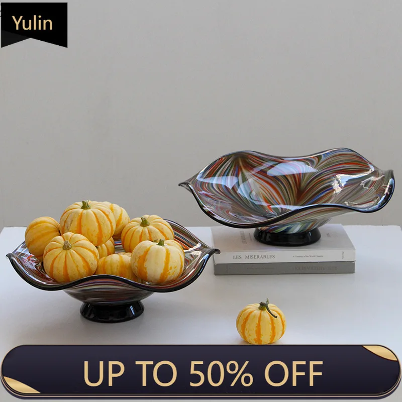 Colorful Stripes Glass Fruits Tray Wavy Edge Fruit Bowl Decorative Storage Trays Hotel Restaurant Fruit Plate Dessert Cutlery
