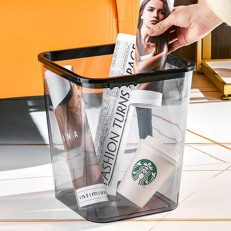Transparent Trash Can for Office, Large Square Wastebasket for Bathroom Living Room, Premium Press Ring Storage Bucket
