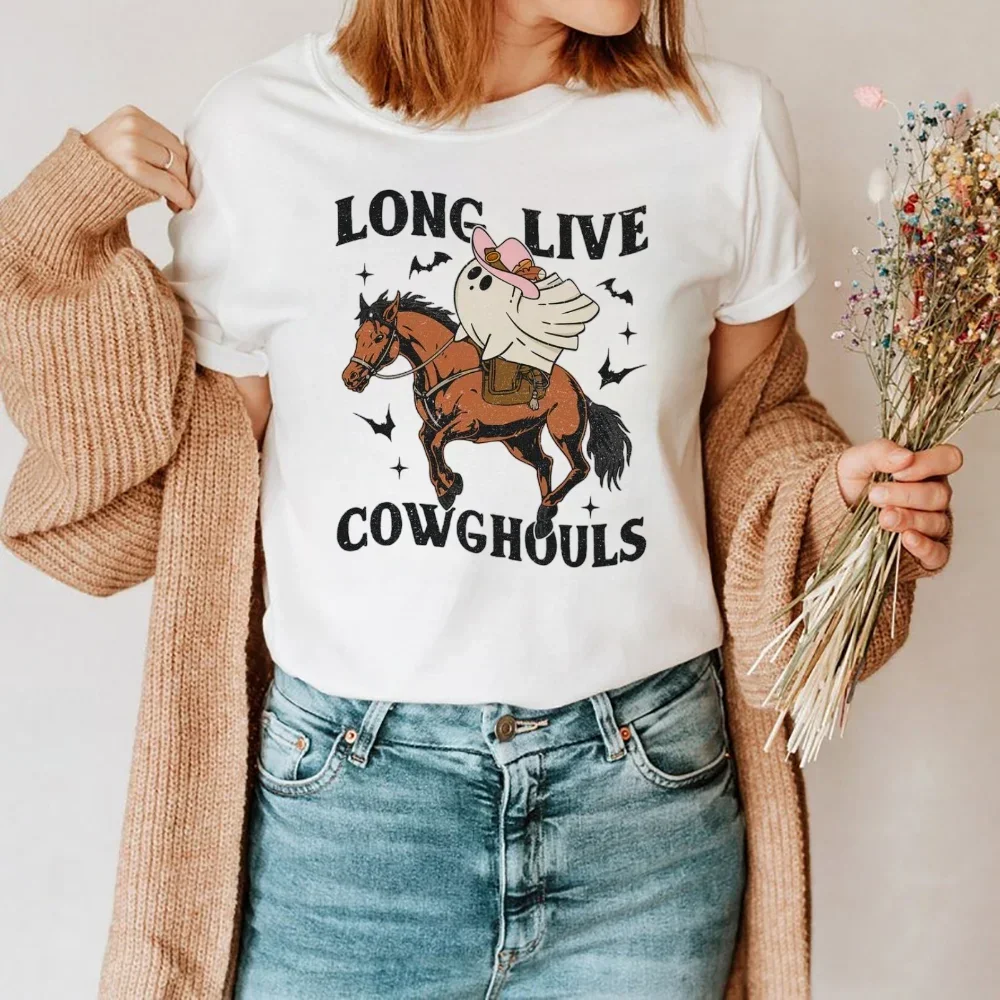 Clothing T-Shirt Autumn Cute Trendy Women's Printed O-Neck Top Casual Cartoon Ghost Printed Pattern Cartoon Horse Fashion T-Shir