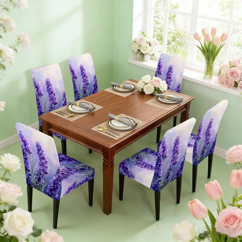 Flat print stretch dining chair cover set lavender purple bouquet pattern, easy to install, washable, chair cover