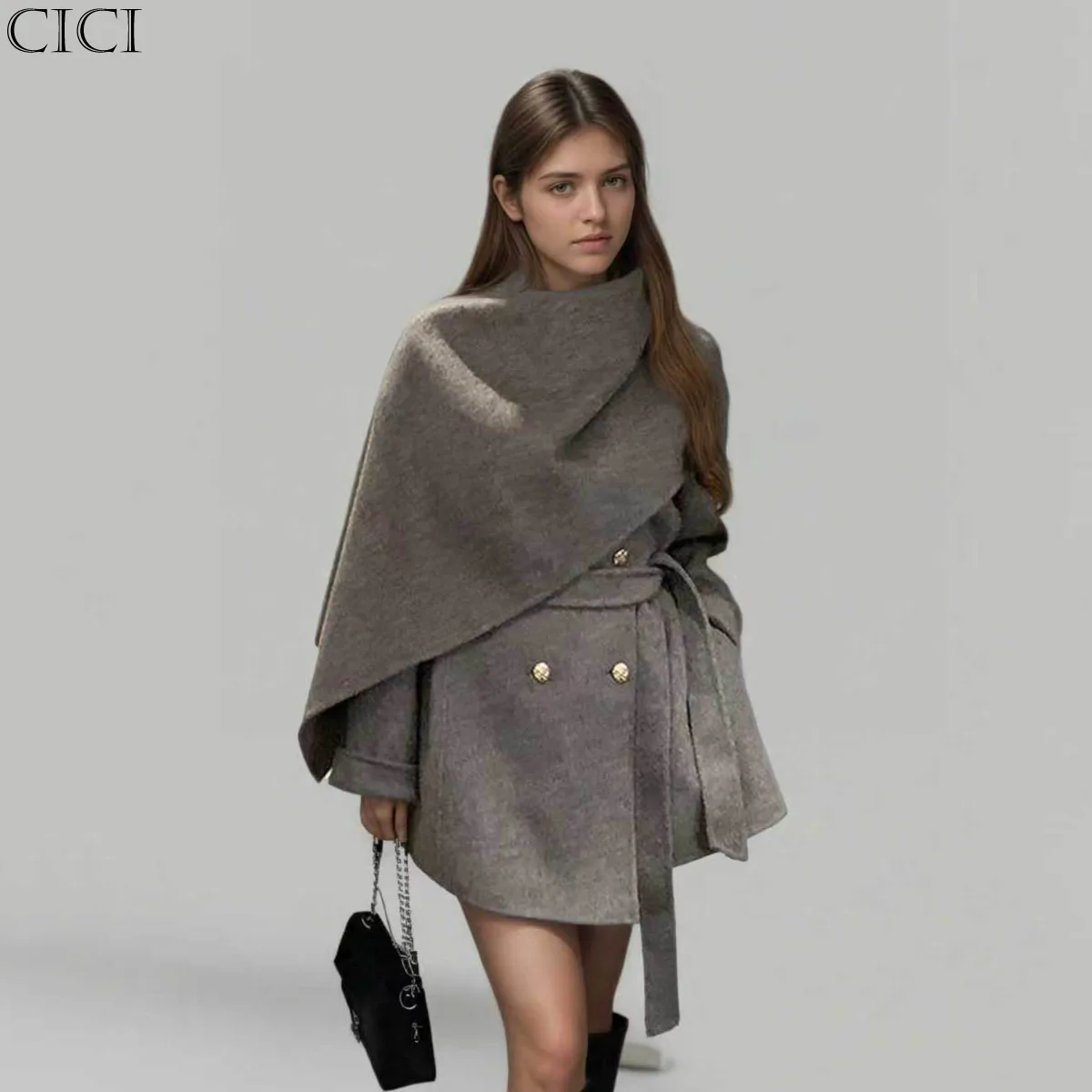 CiCi 2025 خريف شتاء موضة جديدة من الصوف مثل معطف كيب عباءة مع وشاح للنساء أنيقة مكتب العمل ملابس يومية #1