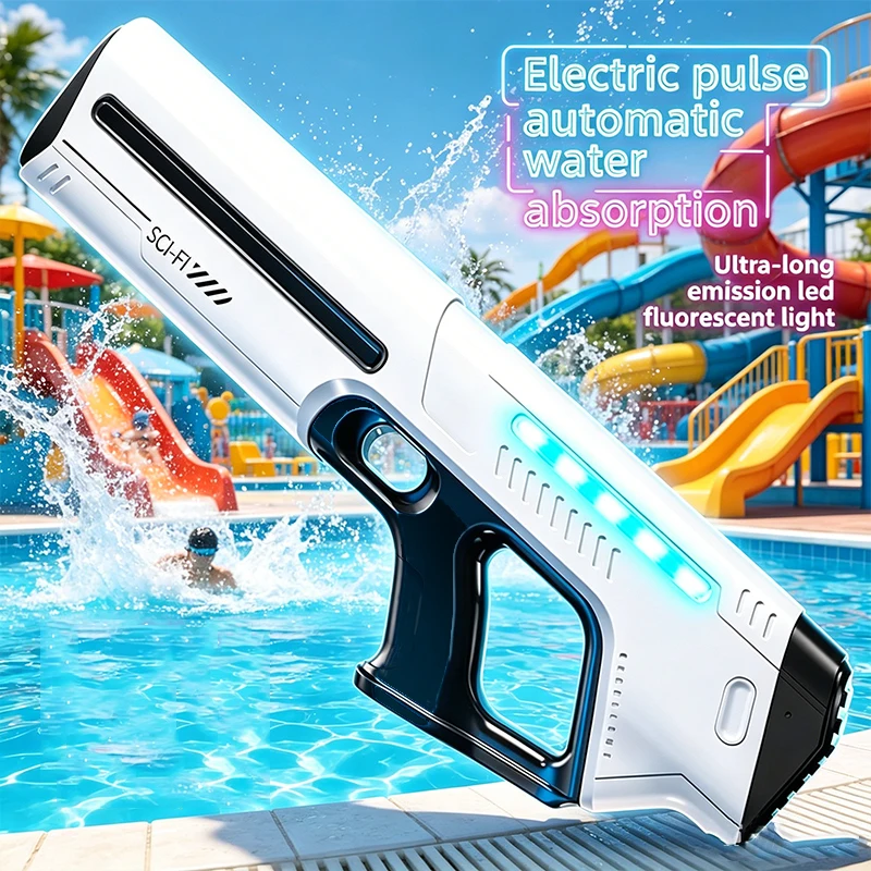 Electric Water Gun Automatic Continuous Firing Squirt Gun Outdoor Toy Long Range Shooting Water Gun with Lights Swimming Toys