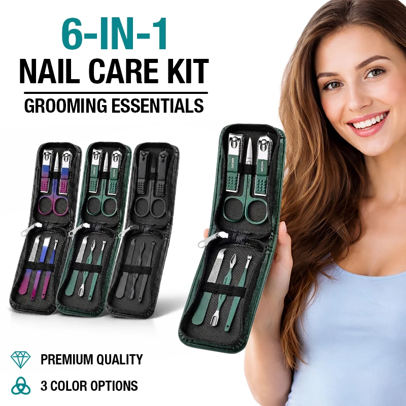 Portable Nail Clipper Set Travel Manicure Kit for Adults Includes Nail Clippers, Scissors, File, Grooming Tools, Black, for Fami