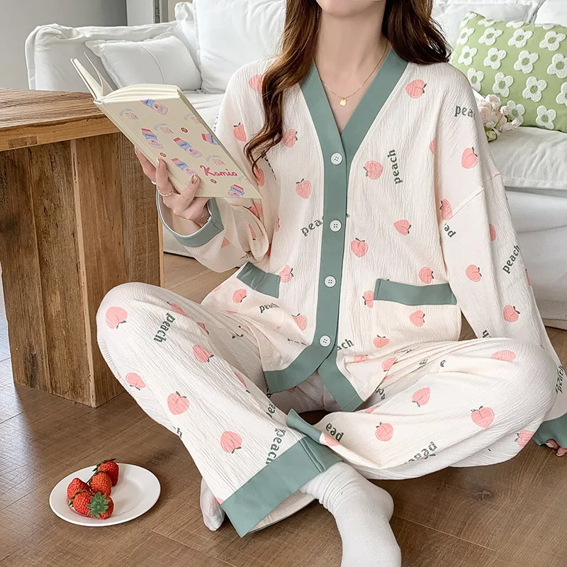 Pijama de algodón de manga larga para mujer, ropa de dormir Sexy, bata de noche para el hogar, ropa de salón, traje suelto, servicio a domicilio, otoño