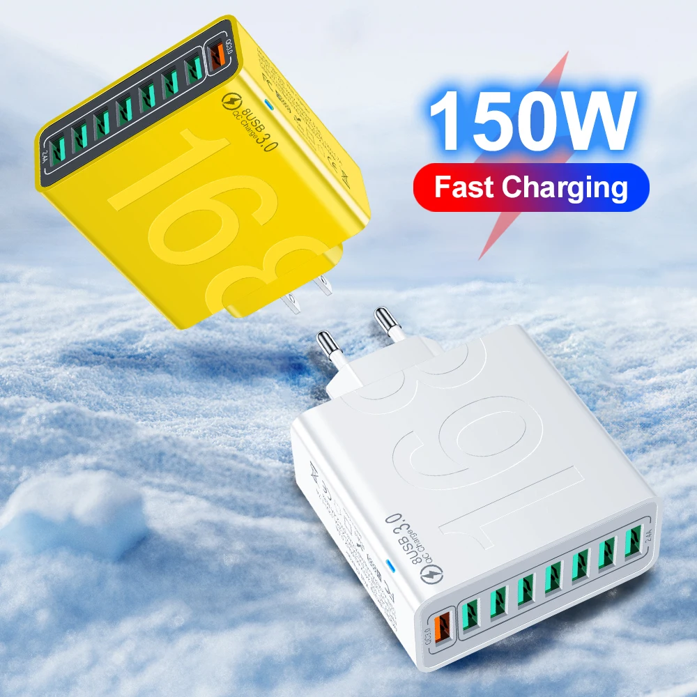 

Зарядное устройство USB Quick Charge 3.0, 8 портов, USB-адаптер для быстрой зарядки, вилка стандарта ЕС/США/КР для iPhone 16 15 Xiaomi, Samsung, Huawei, настенное зарядное устройство