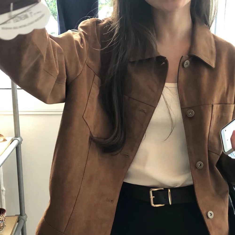 「MD」Chaqueta de trabajo informal desgastada Retro de manga larga con diseño de dos bolsillos, ropa de abrigo holgada con cuello de camisa para ir al trabajo para mujer