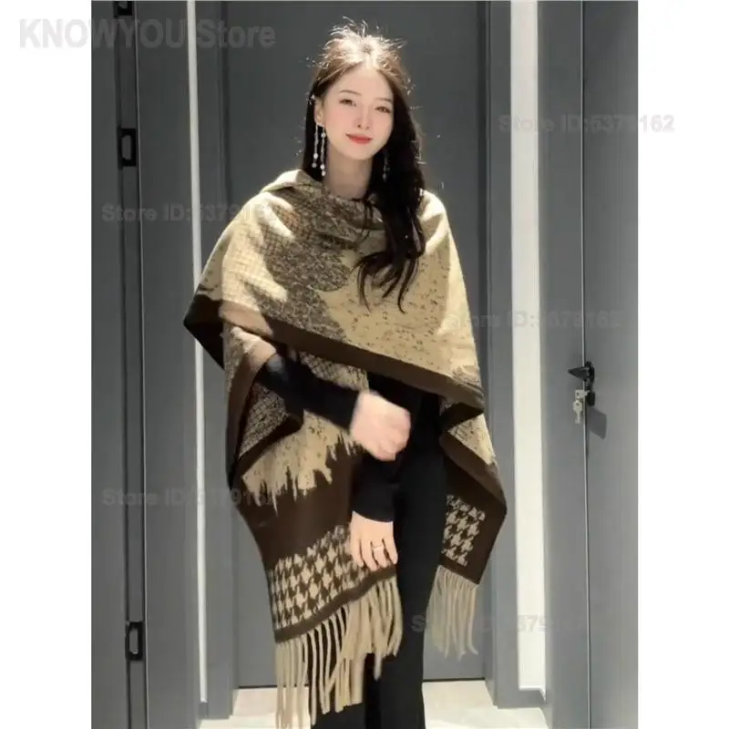 2026 New Autumn Winter Thick Tassel Split Cape Shawl for Women, Warm Loose Long Cloak Vintage Daily Outer Wrap