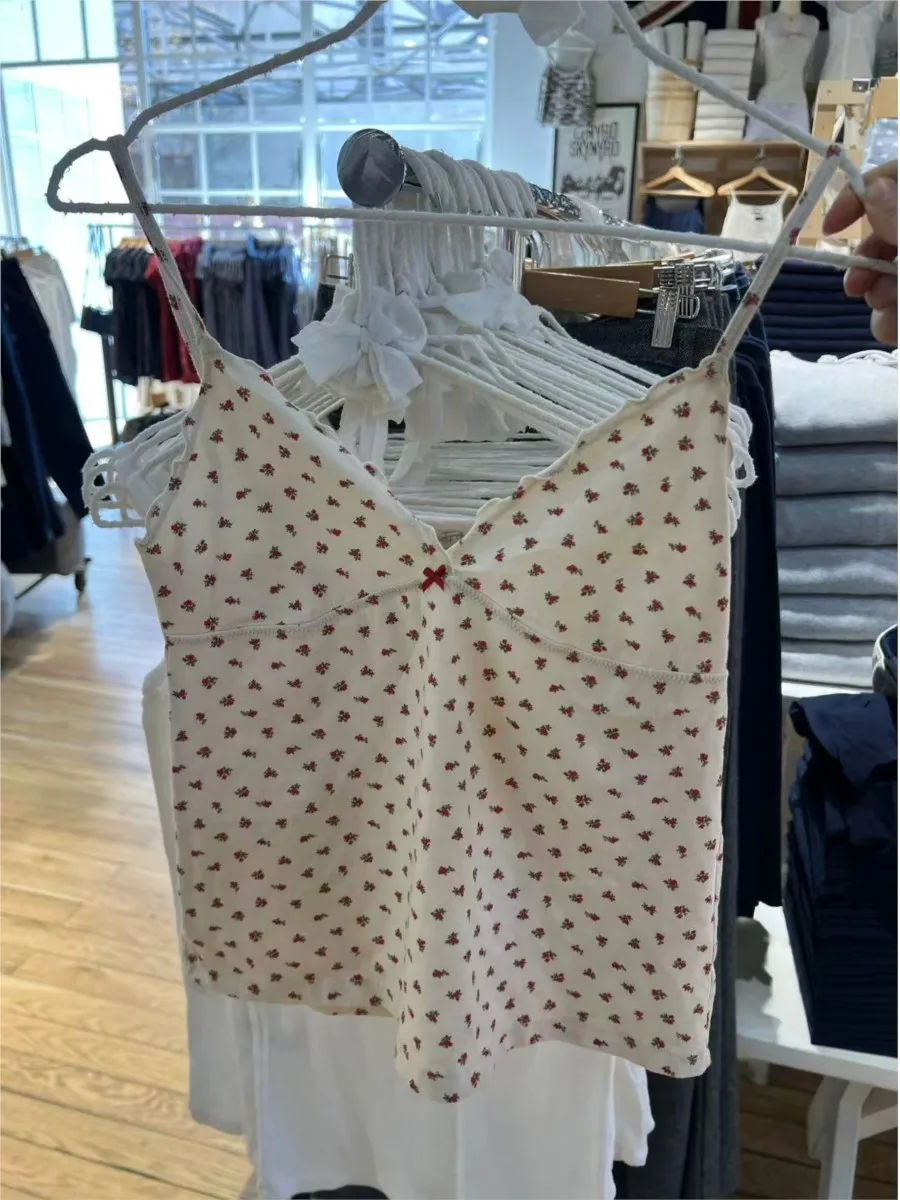 ارتفع الأزهار الفطريات تقليم القوس بروتيل المرأة عادية القطن سليم الخامس الرقبة تانك القمم الفتيات لطيف الحلو نمط Preppy سترات Y2K المحاصيل الأعلى