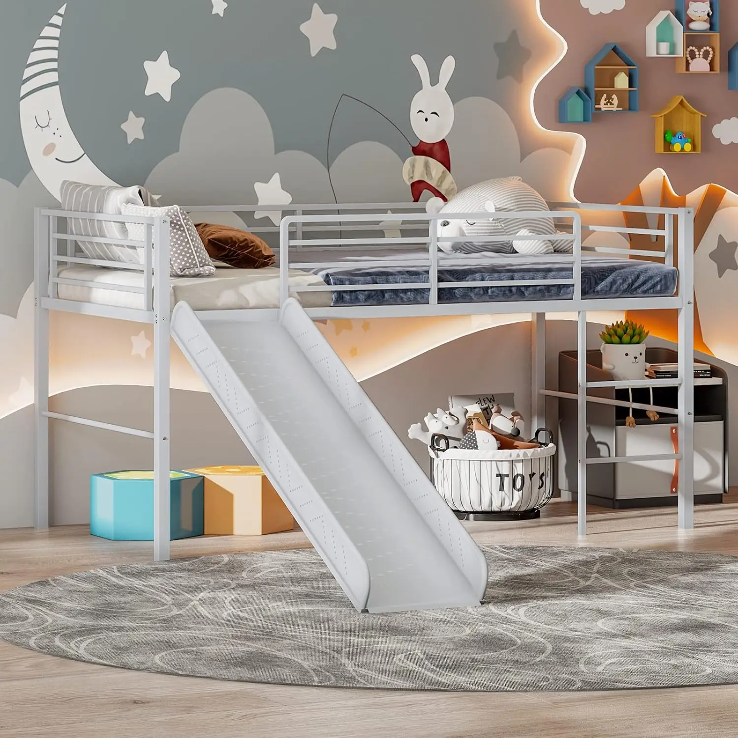 Twin Loft Bed with Slide, Metal Low Bunk Bed w/Safety Guardrails & Built-in Ladder, Toddler Bed Floor Frame for Boys & Girls