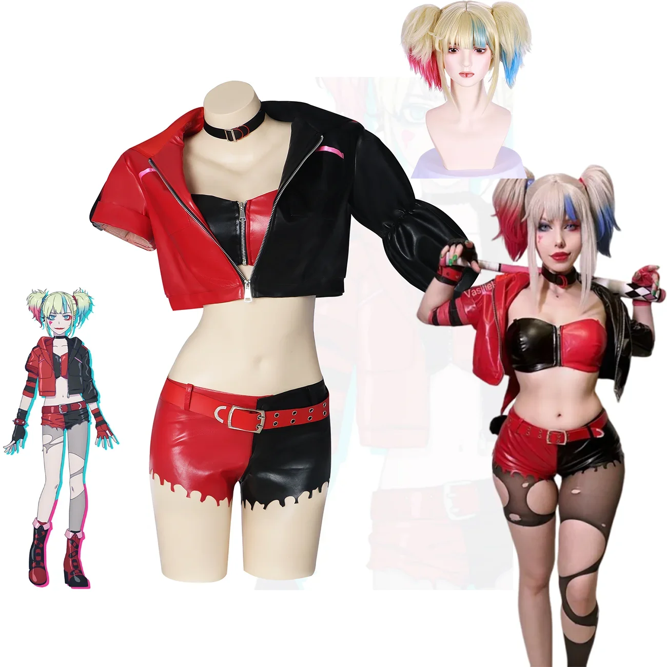 

Anime Harley Cosplay Costume Anime Quinzel Suicide Isekai Joker Girl Squad Halloween Set Wig Clown Woman Suusaido