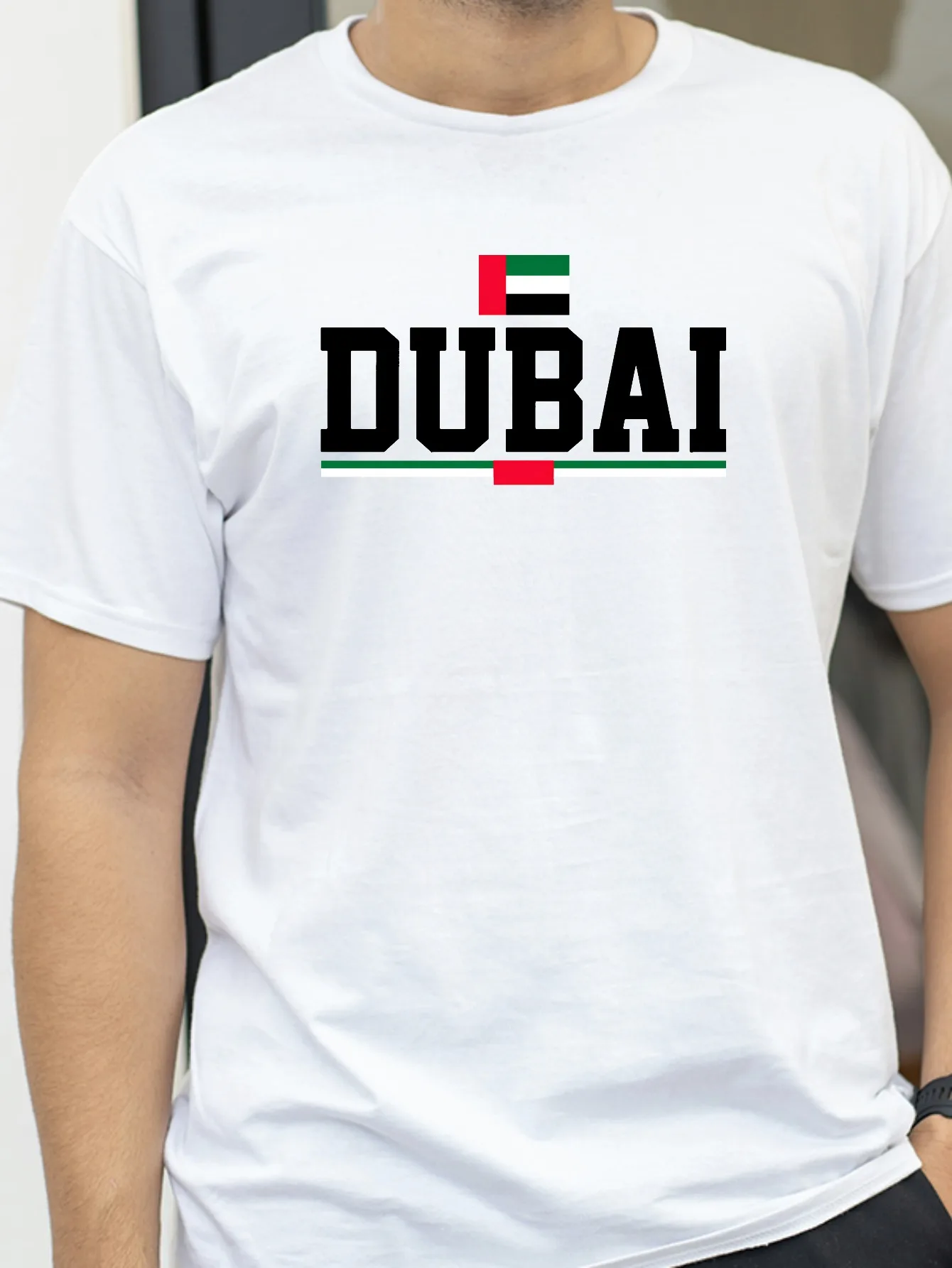 Dubai United Arab Emirates Flag Geometric Pattern T-Shirt Unisex Cotton Round Neck Short Sleeve Casual Tee