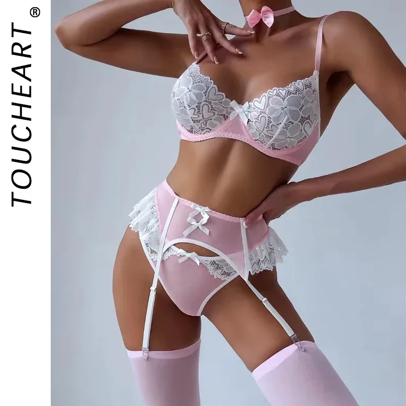 

Toucheart комплект из 5 предметов, сексуальное кружевное нижнее белье, женское нижнее белье с бантом на шнуровке, сетчатый лоскутный прозрачный бюстгальтер и трусики, комплекты
