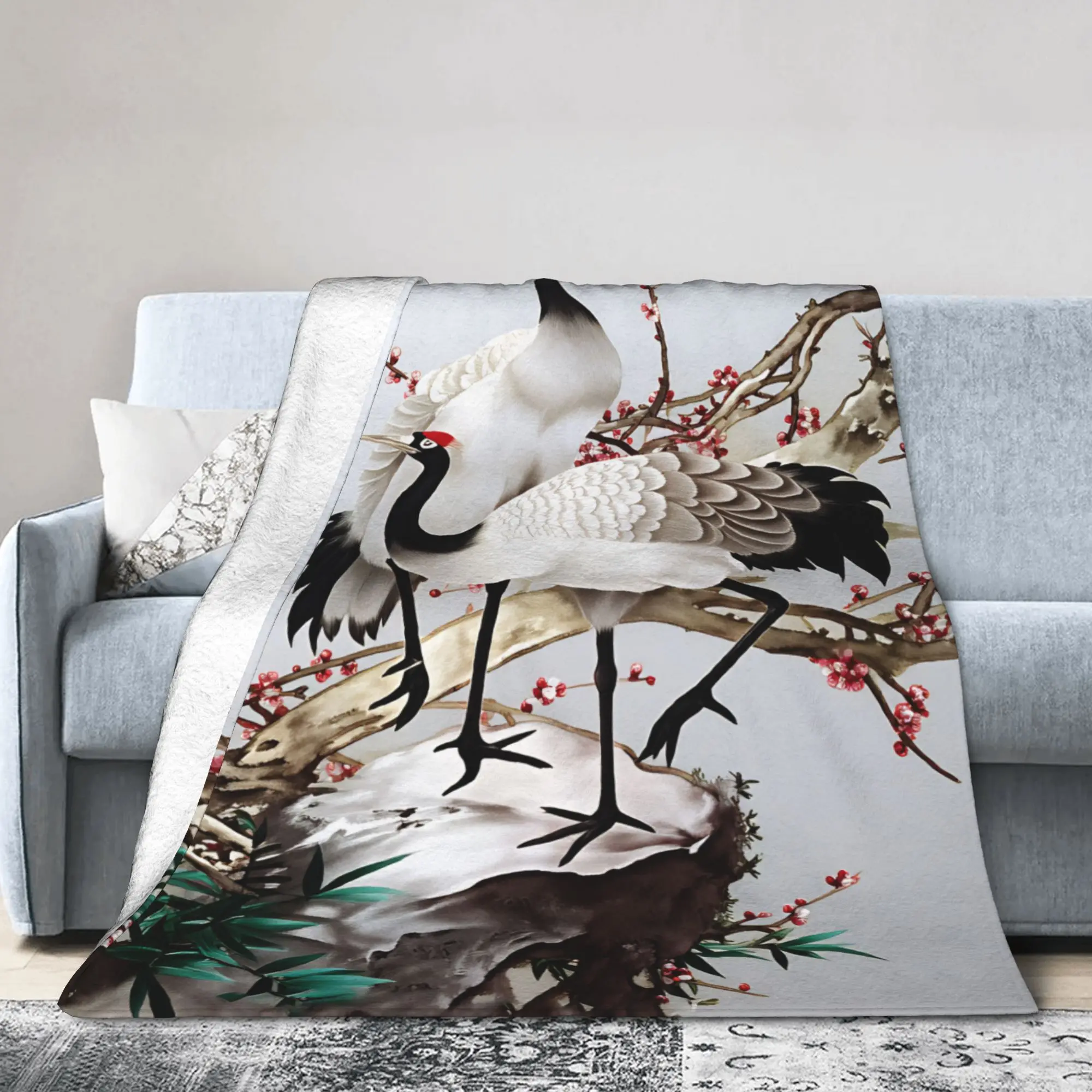 Chinese Style Crane Blankets  Super Soft Street Trend Plush Throw Blanket For Kids Adult Outdoor Flannel Bedspread Bed Cover