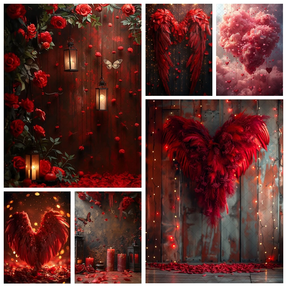 

Valentine's Day Party Decoration Red Photography Background Dreamy Butterfly Wings Rose Floral Theme Party Decoration Banner