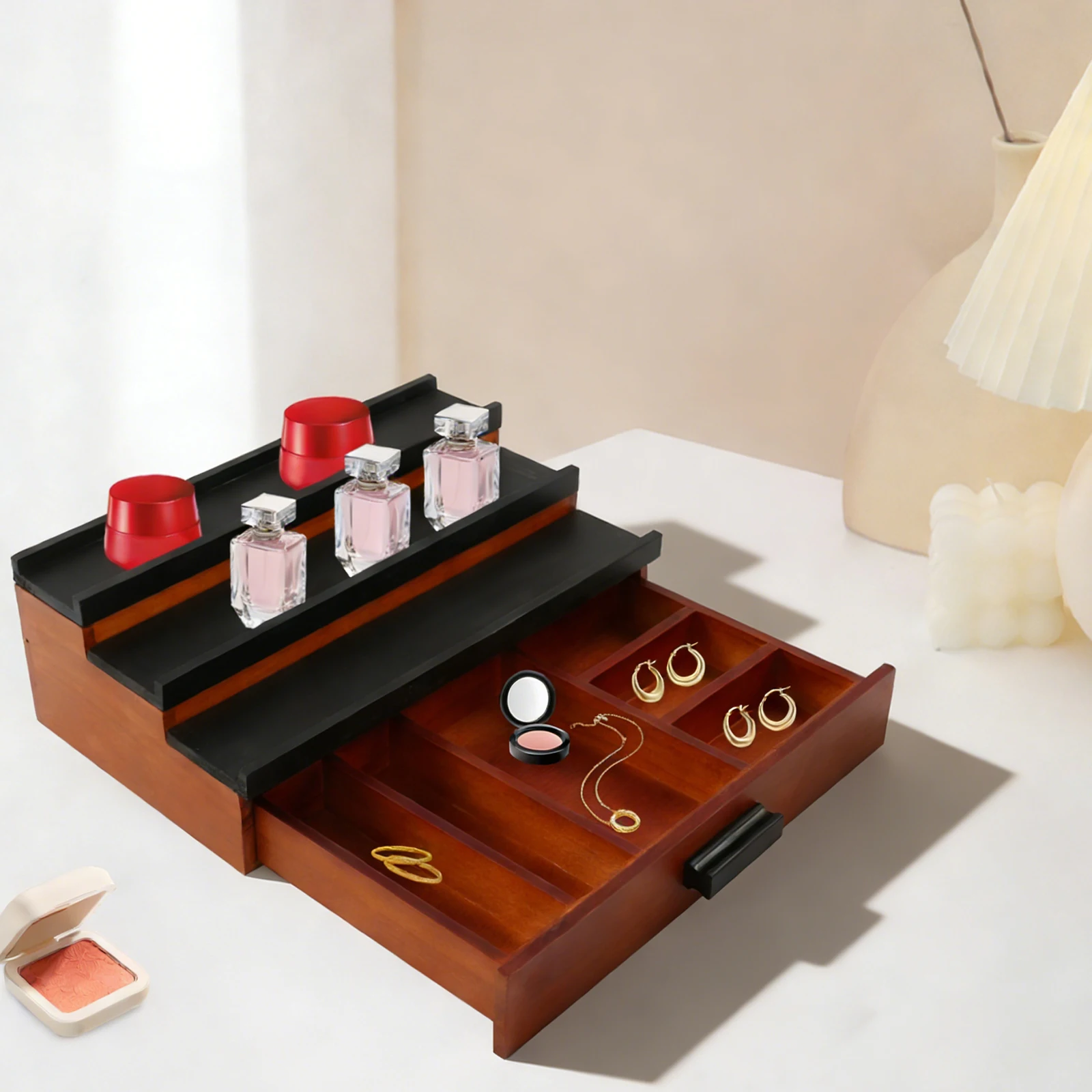 3-Tier Wood Perfume Organizer Display, Brown and Black Storage Rack with Drawer and Raised Baffles for Tabletop
