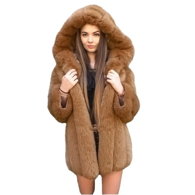 European and American manufacturers fox fur imitation fur jacket women's hooded splicing medium and long coat spot cross-border