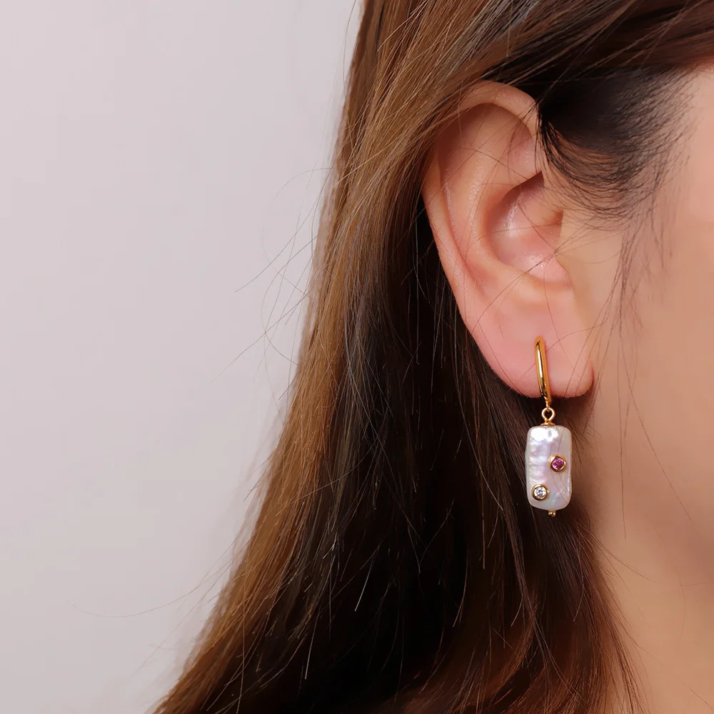 Natural Baroque Square Pearls Earrings for Women Irregular Freshwater Pearls Hoops Earrings Gilded 925 Silver Water Drop Studs