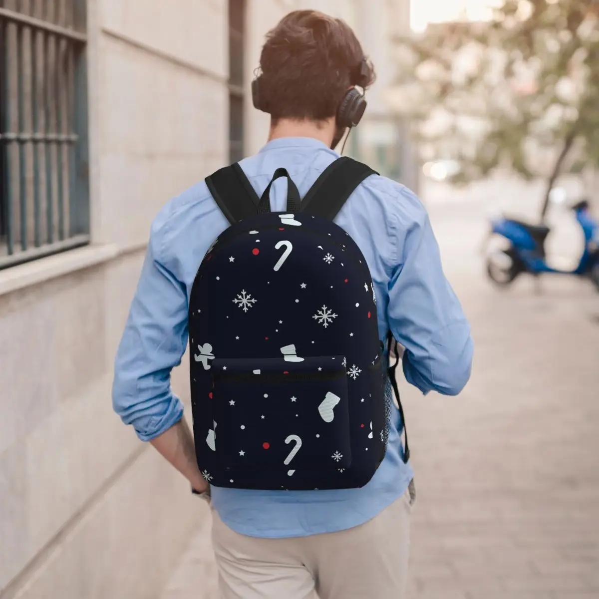 Christmas Blue Snowflake Candy Cane Socks Snowman Student Backpack School Bag Hiking Travel Daypack Bookbag Shoulder Bags