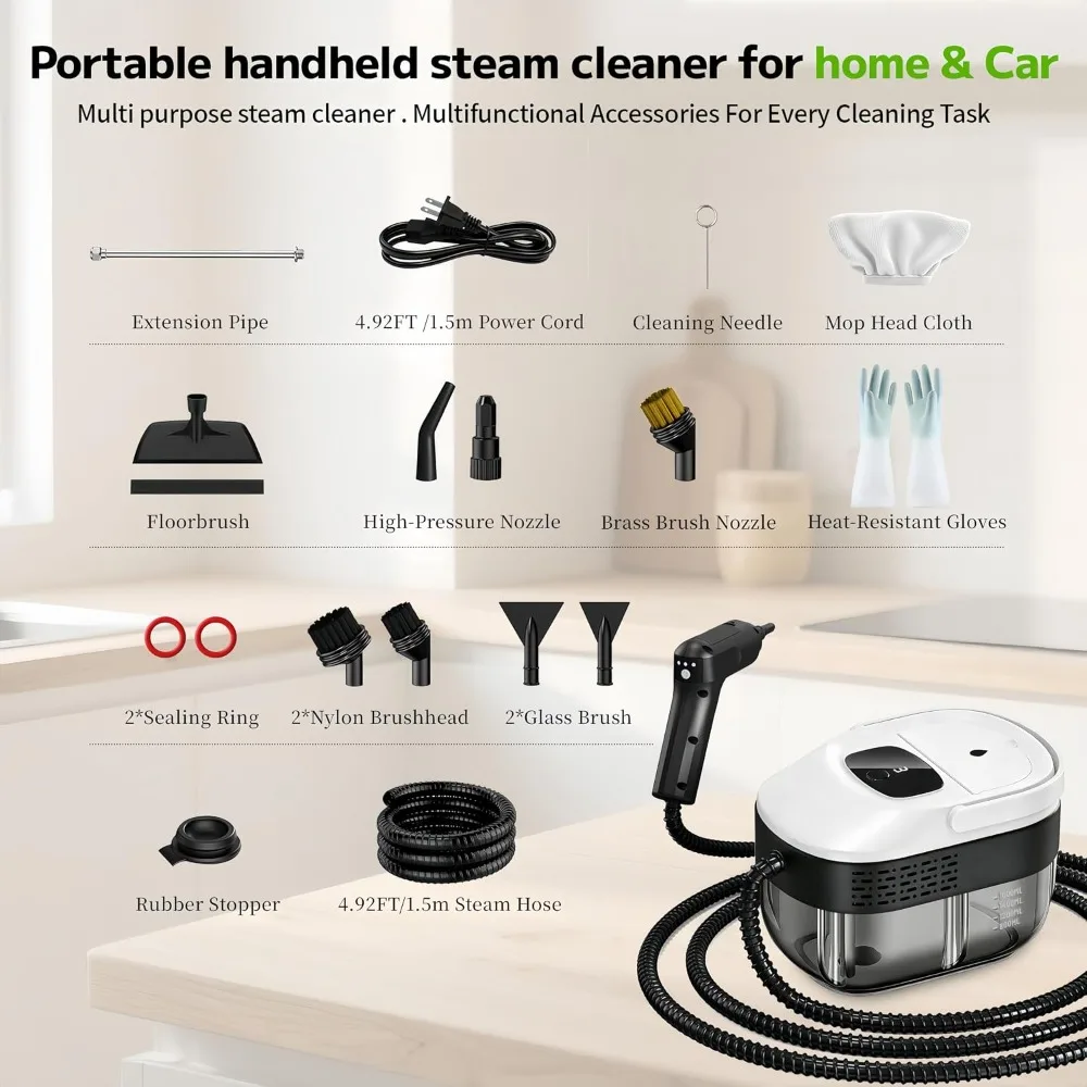 2500W Handheld Steam Cleaner, 54oz Tank, 15s Heat-Up, 3-Level Steam, 15pcs Accessories for Car, Tile, Couch, Floor, Furniture