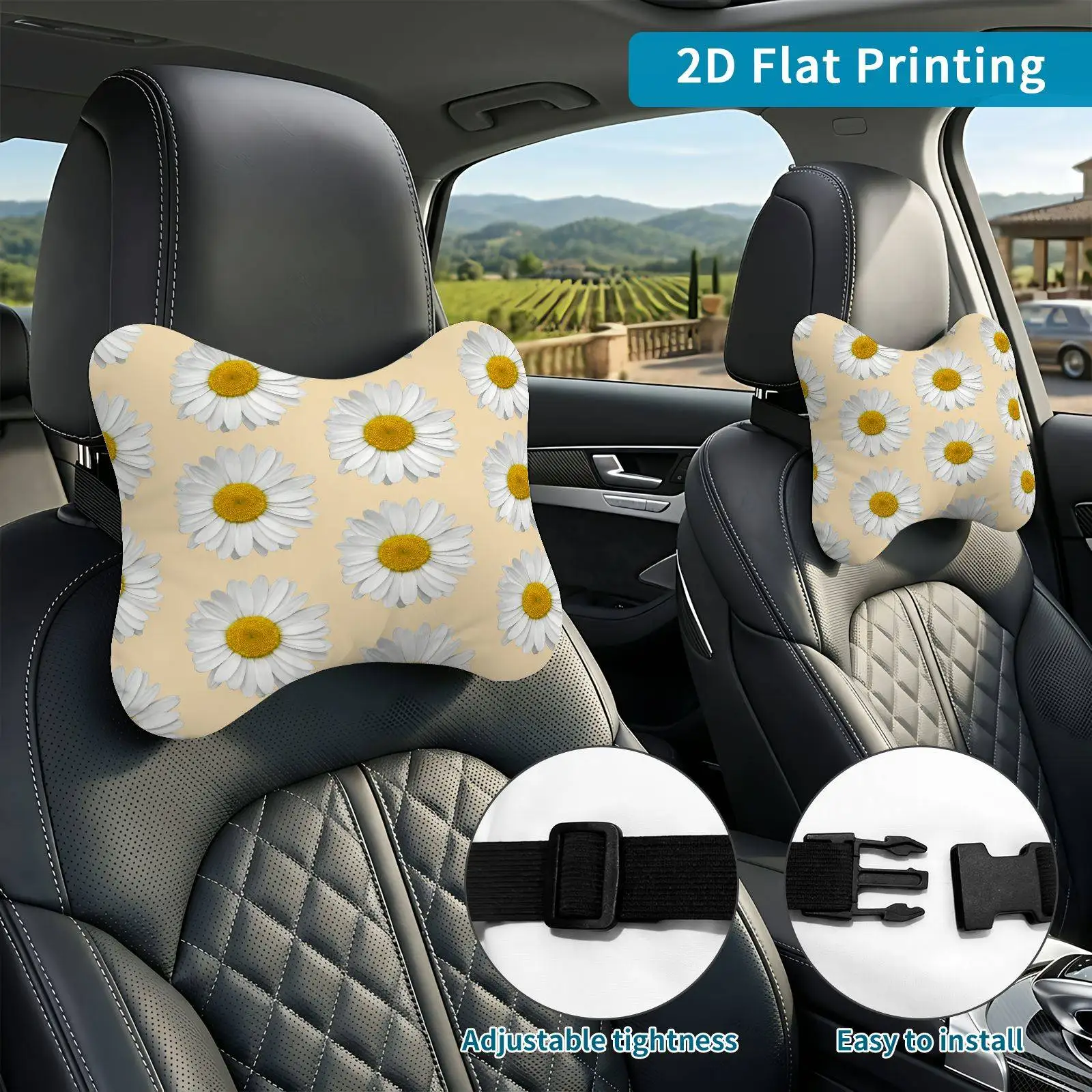 2pcs Daisy Floral Pattern Car Seat Headrest, Neck Support Cushion, Suitable For All Seasons Of Car Accessories, Daisy Theme, Tra