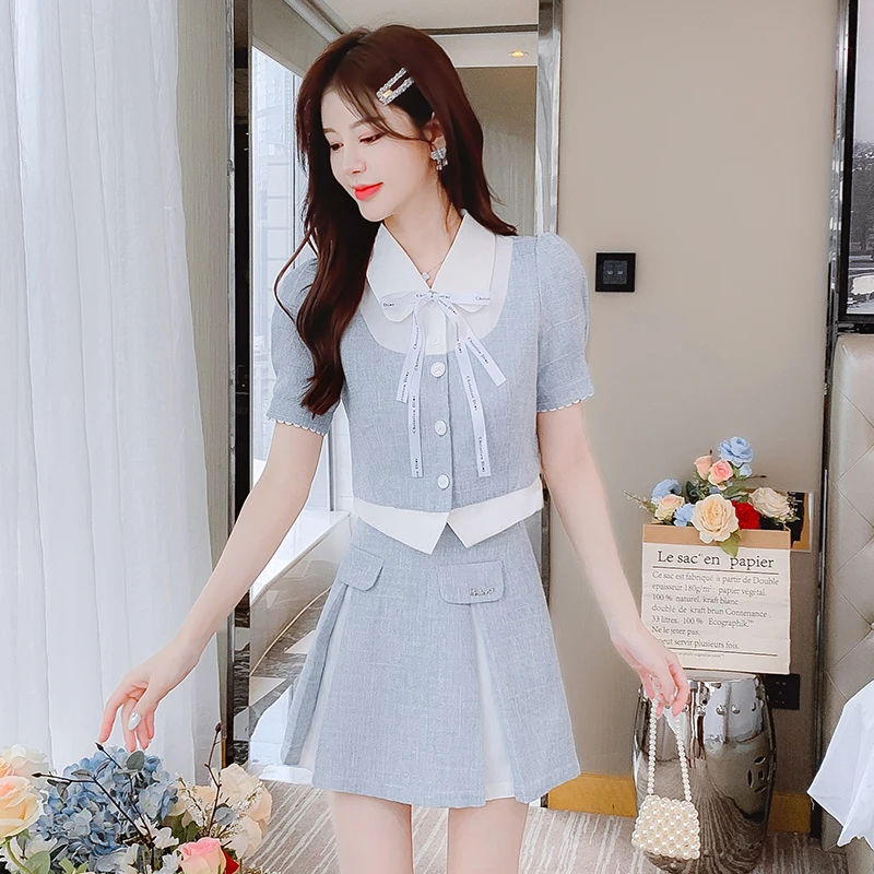 

Wealthy Noble Blue Doll Collar Short Jacket Sweet High-Waisted A-Line Skirt Women's Chic Style Two-Piece Set High Quality Sweet