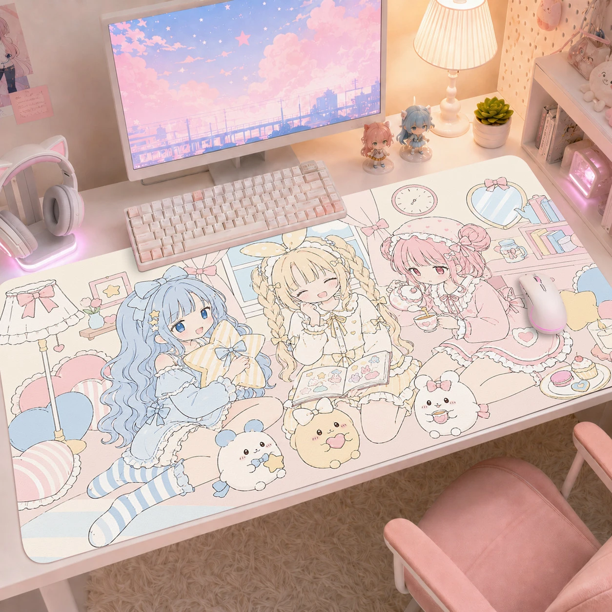 Ins Pink Strawberry Anime Girl Rabbit Y2K Pu Leather Mouse Pad Waterproof Desk Mat Protective Game Keyboard Dorm Table Mat Decor