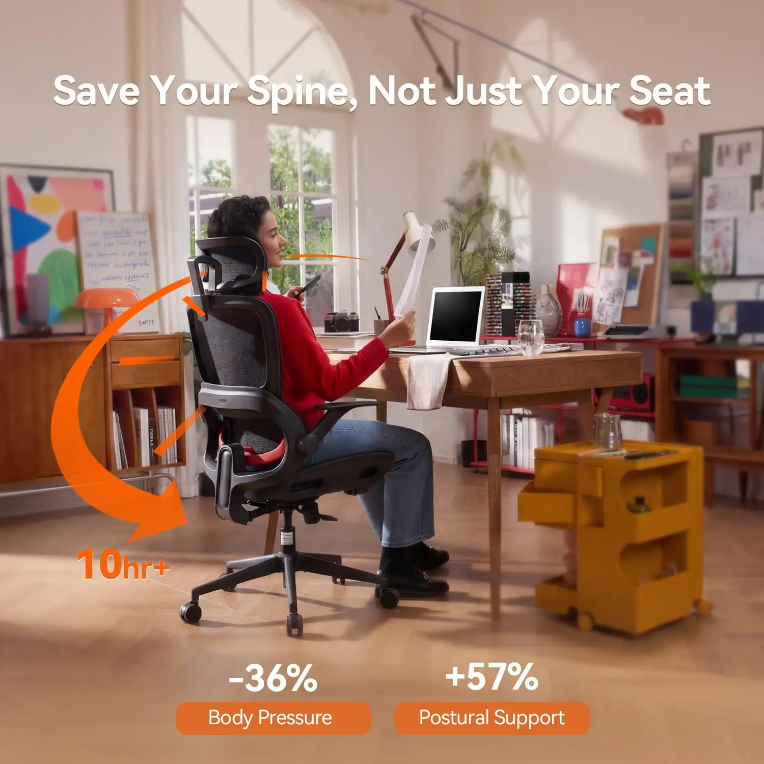 Mesh Ergonomic Office Chair with Adaptive Lumbar Support | Computer Chair with Wide Headrest, Flip-up, Customized
